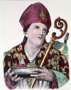 Pyhä Gennaro tai Saint Janvier, Napolin kaupungin suojelija, pitelee käsissään ampullia, joka sisältää hänen vertaan. Värillinen suosittu printti 1800-luvulta. tekijältä Unknown artist