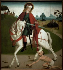 Pyhä Martinus ja kerjäläinen. Hän leikkasi takkinsa antaakseen sen kerjäläiselle. anonyymi maalaus, noin 1490. Magyar Nemzeti Galleria, Budapest, Unkari. tekijältä Unknown artist