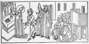 Pyhä Matteus. Kaiverrus Jacobuksen (James) Voraginen (1228-1298) teoksesta "Pyhien elämä - kesäosa" (Pyhän kirja). Lyypekki 1488. tekijältä Unknown artist