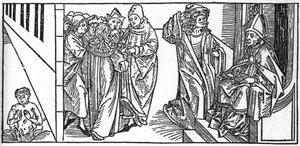 Pyhä Severin. Kaiverrus Jacobuksen (James) Voraginen (1228-1298) teoksesta "Pyhien elämä - kesäosa" (Pyhän kirja). Lyypekki 1488. tekijältä Unknown artist