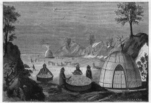 Saamelaisvelho ennustaa tulevaisuutta taikarummun avulla. Kaiverrus vuodelta 1885. tekijältä Unknown artist