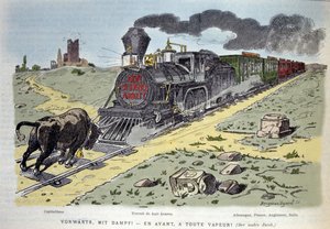 Satiirinen allegorinen vinjetti: kapitalismin härkäsymboli yrittää pysäyttää työvoimauudistuksen. Jokainen vaunu on suunniteltu maalle: Saksa, Ranska, Englanti, Italia 1897 tekijältä Unknown artist