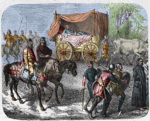 Laiskoja kuninkaita kuvaava kohtaus: Ranskan kuningas Thierry III (673-691) kantaa härkien vetämässä säiliössä. tekijältä Unknown artist