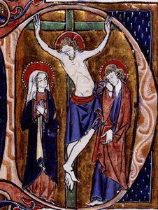 Ristiinnaulitsemiskohtaus kirjelomakkeessa (D-kirjain). Pienoiskuva Vincent De Beauvaisin "" Speculum historiale" -kirjassa (1100-luku) tekijältä Unknown artist