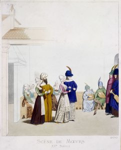 Moraalin kohtaus: Karnevaalikohtaus - perustuu italialaiseen käsikirjoitukseen 1400-luvulta, Arts Deco. tekijältä Unknown artist