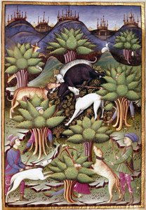 Kohtaus villisikametsästystä Miniatyyri elokuvasta "" Kohtele haukkametsästystä ja veneriehua Sforzan herttuan tunnuslauseella ja tunnuksella" 1459 (ms. 1375) Chantilly, Musee Conde tekijältä Unknown artist