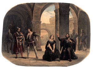 Kohtaus säveltäjä Giuseppe Verdin (1813-1901) oopperasta "La forza del destino" Kuvitus 1800-luvun lopusta tekijältä Unknown artist