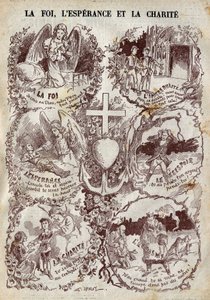 Kohtaukset, jotka kuvaavat uskoa, toivoa, rakkautta ja niiden vastakohtaa, uskottomuus, epätoivo ja egoismi. Kuvitus "" Le Pelerin" -lehdessä 27. maaliskuuta tekijältä Unknown artist
