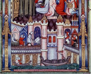 Rakennus- ja navigointityön kohtauksia Pariisissa keskiajalla. Pienoiskuva Saint-Denisin munkin Yvesin käsikirjoituksesta "" Life of Saint Denis". tekijältä Unknown artist