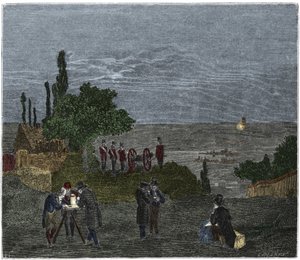 Tieteellinen kokeilu: Humboldtin, Louis-Joseph Gay-Lussacin (Louis Joseph Gay Lussacin), Bouvardin, Pronyn ja Mathieun laskema äänen nopeus, joka määrittää ajan, joka kuluu valon havaitsemisen ja laukauksen välillä, yönä tekijältä Unknown artist