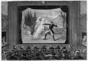 Tieteelliset esitykset: elävät spektrit. Koe spektrit teatterin näyttämöllä. Koomikko taistelee haamua vastaan. Kaiverrus "" La Nature"" tekijältä Unknown artist