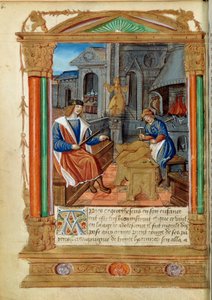Veistos: Mestari hallitsee oppipoikansa työtä, veistämällä kotkaa. Miniatyyri teoksesta "" Roman de Theseus de Cologne et de Godifer"" 1500-luvun Pariisi, B.N. tekijältä Unknown artist