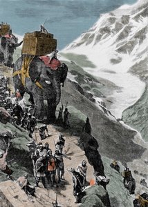 Toinen puunilaissota. Hannibal Barcan armeija ylitti Alpit, 218 eaa. Italialainen kaiverrus 1800-luvulta. tekijältä Unknown artist