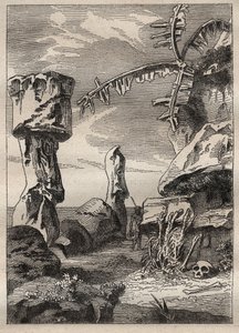 Kapteeni James Cookin (1728-1779) toinen matka (1772-1775): Pääsiäissaaren monumentit (monumentaaliset patsaat, moai) - kuva otettu teoksesta "" 1700-luvun suuret merenkulkijat"" tekijältä Unknown artist