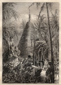 Kapteeni James Cookin (1728-1779) toinen matka (1772-1775): perinteinen pyöreä talo, huomattavan korkeuden katolla (Uusi-Kaledonia) - kuva otettu teoksesta "1700-luvun suuret merenkulkijat" tekijältä Unknown artist