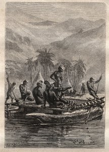 Kapteeni James Cookin (1728-1779) toinen matka (1772-1775): alkuperäisasukkailla oli tarpeeksi luottamusta lähestyä ja vaihtaa (Uusi-Kaledonia) - kuva otettu teoksesta "1700-luvun suuret merenkulkijat" tekijältä Unknown artist