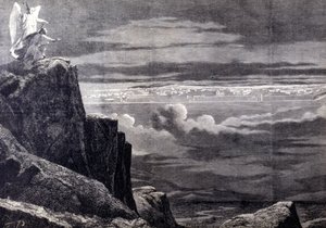 Taivaallisen Jerusalemin nähty; kuva maallisesta Jerusalemista viimeisen tuomion jälkeen, se laskeutuu taivaasta asettuakseen maan päälle. Kaiverrus 1800-luvulta. tekijältä Unknown artist
