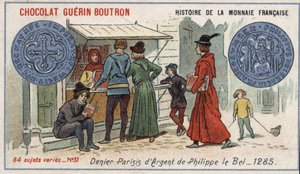 Sarja Ranskan valuutan historia, julkaisija Chocolat Guérin Boutron. 1800-luvun kromolitografia. Philippe le Belin hopeadenier vuonna 1285 tekijältä Unknown artist