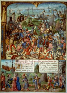 Seitsemäs ristiretki (1248-1254). Päällä Louis IX (Saint Louis) (1215-1270), Ranskan kuningas, risteyksillä sen jälkeen, kun saraseenit voittivat hänet Mansourahissa vuonna 1250. He vetäytyivät Damaskoksen tornien taakse. Ludvig IX ja hänen kaksi veljeään  tekijältä Unknown artist