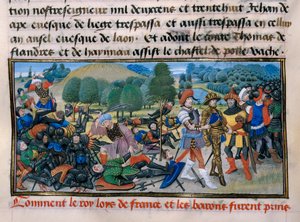Seitsemäs ristiretki: Kuningas Ludvig IX (Saint Louis) (1214-70) vangittiin Mansourahin taistelussa vuonna 1250 Egyptissä, David Aubert 1250 Paris, Chronique abregee. tekijältä Unknown artist