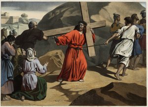 Hän kiipesi Golgatalle: ristiänsä kantava Jeesus lohdutti Jerusalemin tyttäriä. Anonyymi kaiverrus 1800-luvun puolivälistä. tekijältä Unknown artist