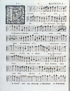 Giovanni Gabrielin Pyhän musiikin toisen kirjan nuottisivu tekijältä Unknown artist