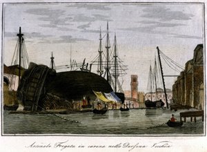 Laiva ammuttiin alas runkoon. Venetsialainen fregatti, jonka runkoa korjataan arsenaalissa. Kaiverrus 1800-luvulta. tekijältä Unknown artist