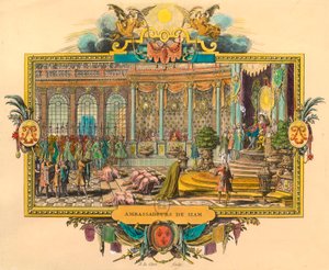 Siamin suurlähettiläät kuningas Ludvig XIV:n hovissa vuonna 1686. Kaiverrus. Yksityinen kokoelma tekijältä Unknown artist
