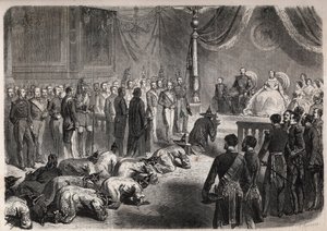 Siamin suurlähettiläät ryömivät kohti Ranskan keisarillista perhettä Fontainebleaussa pidetyssä juhlallisessa audienssissa Napoleon III:n (1808-1873), Eugenien (Eugenia de Montijo) läsnä ollessa. tekijältä Unknown artist