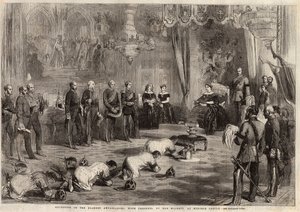 Siamin suurlähettiläät ryömivät kuningatar Victoria Ieren (1819-1901) ja prinssi Albertin (1819-1861) luo vieraillessaan Windsorin linnassa. Kaiverrus 5. joulukuuta 1857 julkaistuun kuvitettuun London News -lehteen. tekijältä Unknown artist