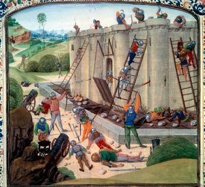 Brestin piiritys (1386 jKr.). Miniatyyri Jean Froissartin "" Chronicles" -sarjassa (Folio 116v) tekijältä Unknown artist
