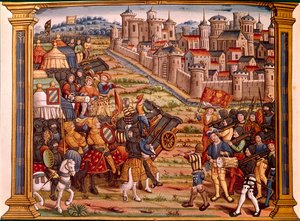 Kaupungin piiritys pommeilla: Ludvig XI Liegeoisia vastaan. Miniatyyri ottaa käsikirjoituksesta "" Les epitaphes des feux kings Louis XI:nnen tämän nimen ja Charlesin hänen poikansa VIII:sta tämän nimen jumala absoe"" tekijältä Unknown artist