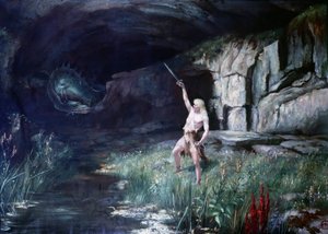 Siegfried kasvot lohikäärme Fafneria heilutti miekkansa. Richard Wagnerin (1813 - 1883) oopperan "" Nibelungien sormus" -lava. Maalaus. tekijältä Unknown artist