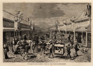 Silkkikaupat Mitsouissa, Yedossa (tai Edossa, nykyisessä Tokiossa), vilkkaita ja taustalla Fuji-vuoren siluetti. Kaiverrus havainnollistamaan matkaa Japaniin vuosina 1863-1864, Sveitsin valaliiton ministeri Aime Humbert kirjassa "Le tour du monde, nou tekijältä Unknown artist