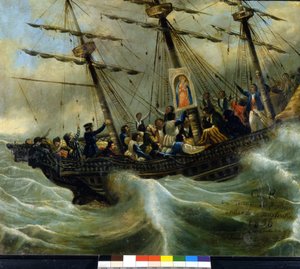 Sveitsiläisen siirtolaisaluksen uppoaminen. Ex voto vuodelta 1856 Madonna del Sasson pyhäköstä Locarnosta. Giovanni Antonio Vanonin maalaus. tekijältä Unknown artist