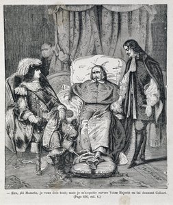 Sire, sanoi Mazarin: "Olen teille velkaa kaiken, mutta maksan teidän Majesteetillenne antamalla hänelle Colbertin." Kardinaali Jules Mazarin (Giulio Raimondo Mazzarino tai Mazarino) (1602-1661) esittelee Jean Baptiste (Jean-Baptiste) Colbert (1619-1683) ja tekijältä Unknown artist