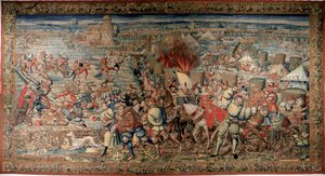 Kuudes Italian sota (1521-1526): esitys Pavian (Pavia) taistelusta 24.2.1525, jossa Francois I hävisi Charles V. Tapestryä vastaan. Napoli. Capodimonten kansallismuseo. tekijältä Unknown artist