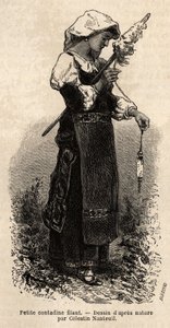 Pieni kontadiini (talonpoika) Rooman ympäristöstä, kehrä karalla villaa. Kaiverrus havainnollistamaan matkaa Roomaan, Francis Wey, 1864-1870, julkaistu "Le tour du monde" 1870-1871, toimittanut Edouard Charton, painos Hachette, Pari tekijältä Unknown artist