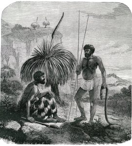 Käärmeenmetsästäjät Australiassa. Kaiverrus 1868 tekijältä Unknown artist