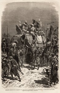 Juhlallinen kokous ja kädessä pidetty norsun selässä matkustajaryhmän ja Chutterporen maharadajan välillä Kajrahan messuilla. Kaiverrus havainnollistamaan rajahien matkaa Intiassa, Louis Rousselet, 1864-1868, julkaistu "" Le tekijältä Unknown artist