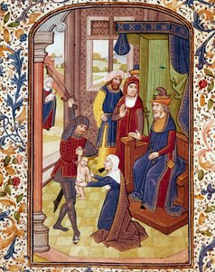 Salomonin tuomio Kaksi naista teeskentelee olevansa saman lapsen äiti. Miniatyyri 1400-luvun yliopiston Coimbran kirjaston käsikirjoituksesta tekijältä Unknown artist