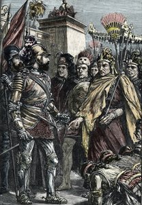 Meksikon espanjalaisten valloitus: Hernan Cortesin ja Montezuma II:n tapaaminen vuonna 1519. tekijältä Unknown artist