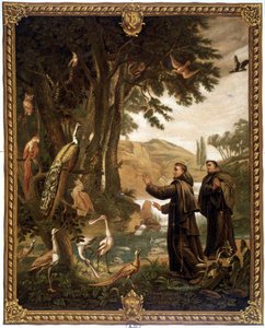 Pyhä Franciscus Assisilainen puhumassa linnuille - 1800-luvun kromo, joka toistaa 1700-luvun maalausta. tekijältä Unknown artist