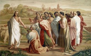 Pyhän Pietarin tehtävä: Jeesus uskoo laumansa Pietarille muiden apostolien läsnäollessa – 1500-luvun maalauksen mukaan tekijältä Unknown artist