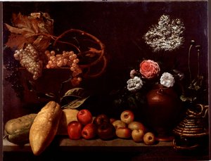 Asetelma ruusuilla, pensaskukilla, sitruunoilla ja viinirypäleillä (maalaus tekijältä Unknown artist