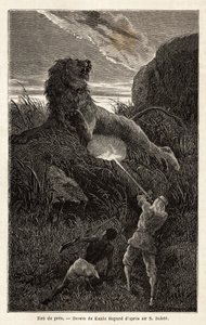 Leijonan yllättynyt vaelluksen aikana auringonnousun aikaan kirjoittaja ampuu ja haavoittaa eläimen. Sir Samuel W. Bakerin kaiverrus, joka havainnollistaa Niilin Abessinian sivujokien tutkimusta vuosina 1861-62, julkaistu "" Le tour du monde" -lehdessä 187 tekijältä Unknown artist