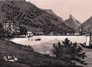 Sveitsi: näkymä Fluelenin kaupunkiin. kirjassa "" Maailma havainnollistaa 168 näkymää"" Päiväämätön (1800-luvun loppu) tekijältä Unknown artist