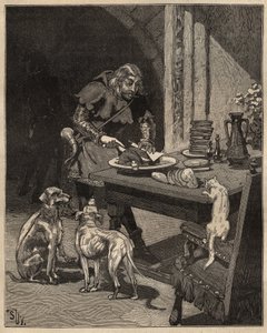 Pöytätaide: leikkaa ruoan ennen haarukan saapumista. Mies pitää lihaa paperiarkin kanssa toisessa kädessään ja käyttää veistä toisessa. Kaiverrus vuodelta 1885 kirjassa "Les arts et metiers illustres", kirjoittanut Adolphe BITARD. tekijältä Unknown artist