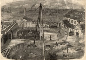 Lennätys: Glassin tehtaalla Elliot and Companyssa East Greenwichissä (Englanti) valmistettu transatlanttinen kaapeli on valmis toimitettavaksi. Kaiverrus "" The Illustrated London News" -julkaisuun 14. maaliskuuta tekijältä Unknown artist