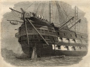 Lennätys: näkymä aluksen perästä H.M.S. "Agamemnon", joka laskee ensimmäisen transatlanttisen kaapelin. Kaiverrus "" The Illustrated London News" -julkaisuun 5. kesäkuuta tekijältä Unknown artist